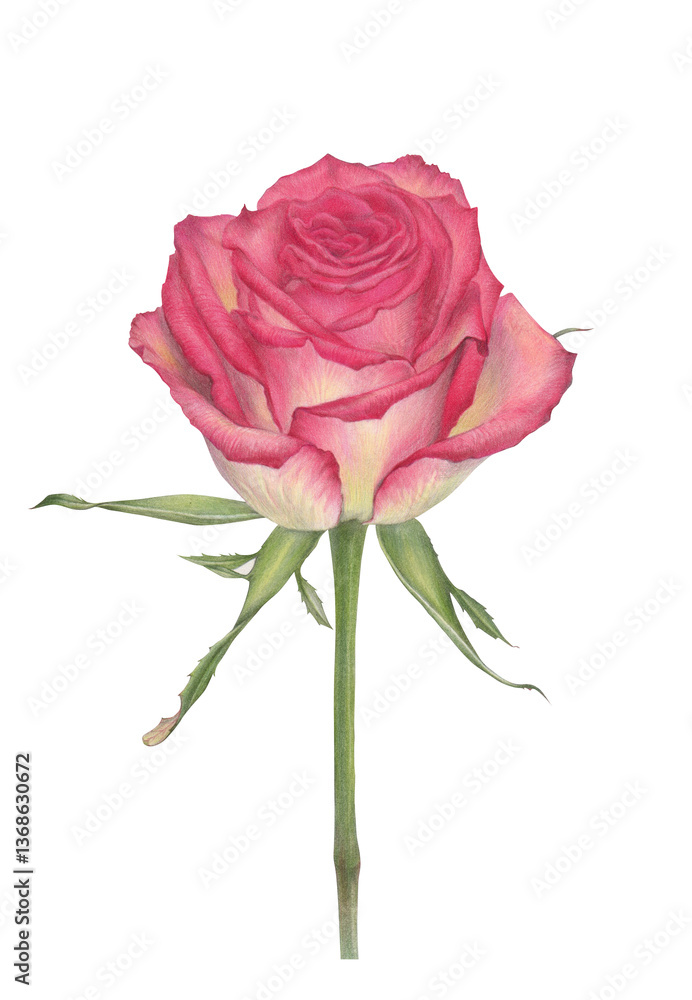 Fototapeta premium Hand-drawn pink rose botanical illustration isolated on white