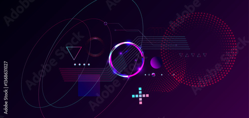 Dark retro futuristic cyberpunk elements abstraction background cosmos synthwave vaporwave retrowave glitch circle with blue and pink glows