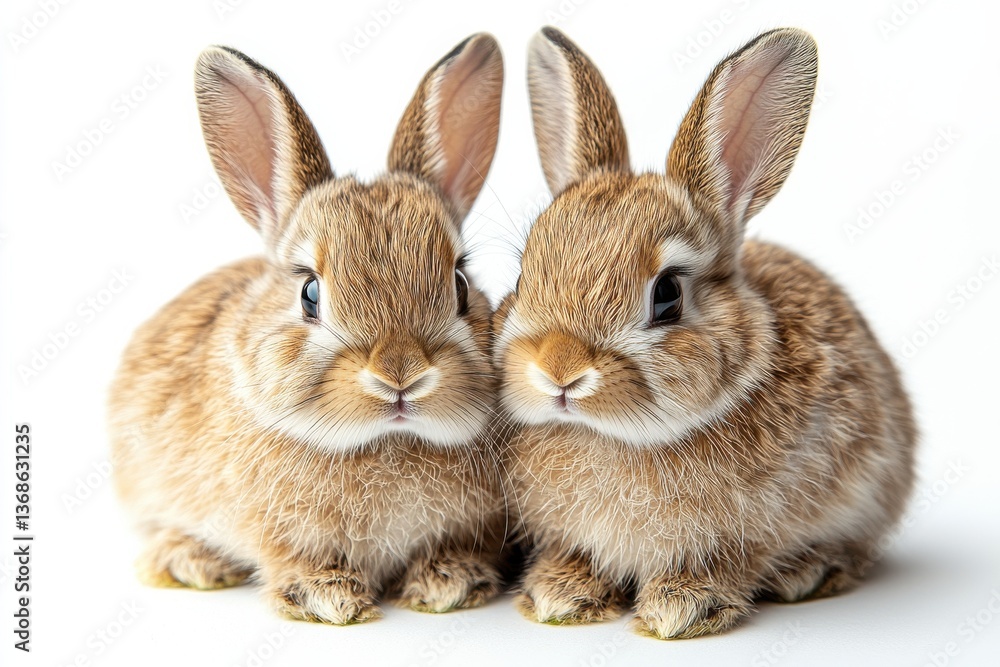 Fototapeta premium Two adorable brown bunnies sitting together on a white background