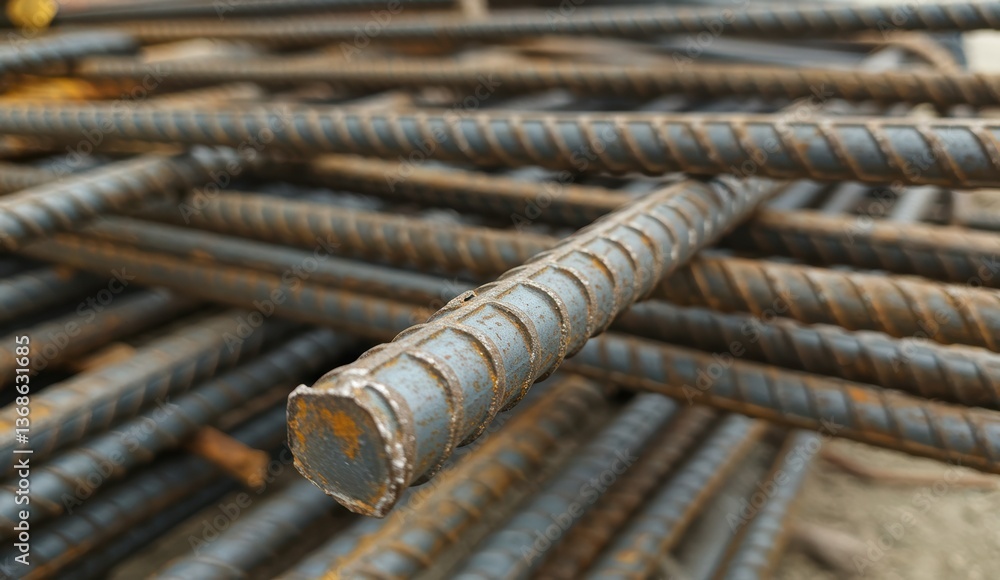 Steel rebar stacked at construction site showcasing industrial materials for building infrastructure and urban development. Steel rebar stacked at construction site showcasing industrial materials for building infrastructure and urban development.