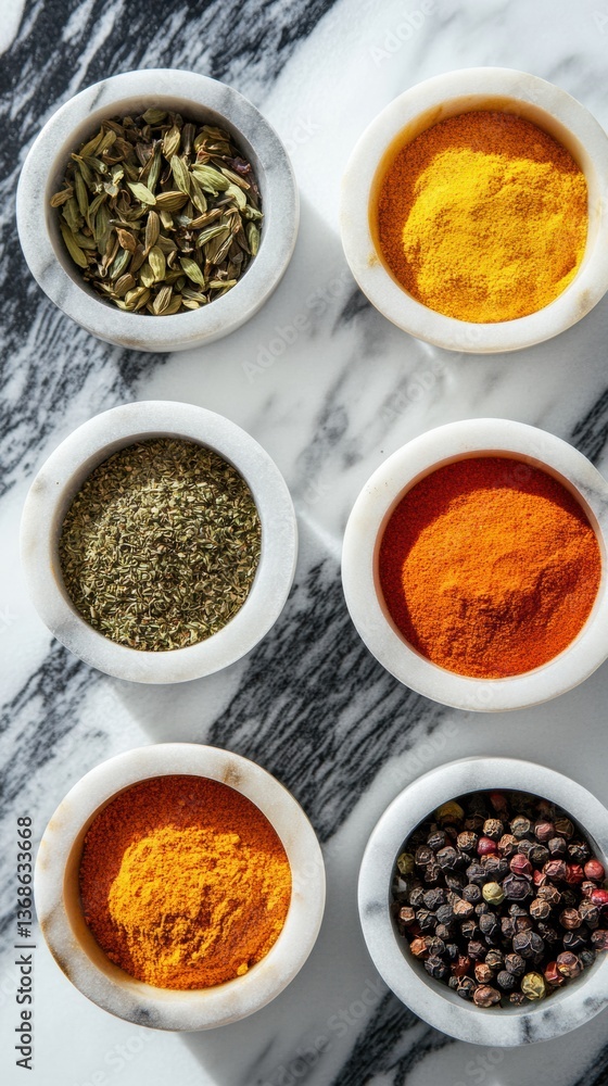 Explore vibrant spices arranged in marble bowls from a top down perspective, showcasing rich colors and textures in culinary art Generative AI Explore vibrant spices arranged in marble bowls from a top down perspective, showcasing rich colors and textures in culinary art Generative AI