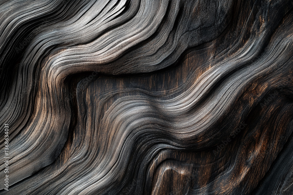 Close-up of dark brown wood grain texture with swirling, wavy patterns creating a dynamic and organic appearance, showcasing natural beauty and design potential for backgrounds Close-up of dark brown wood grain texture with swirling, wavy patterns creating a dynamic and organic appearance, showcasing natural beauty and design potential for backgrounds