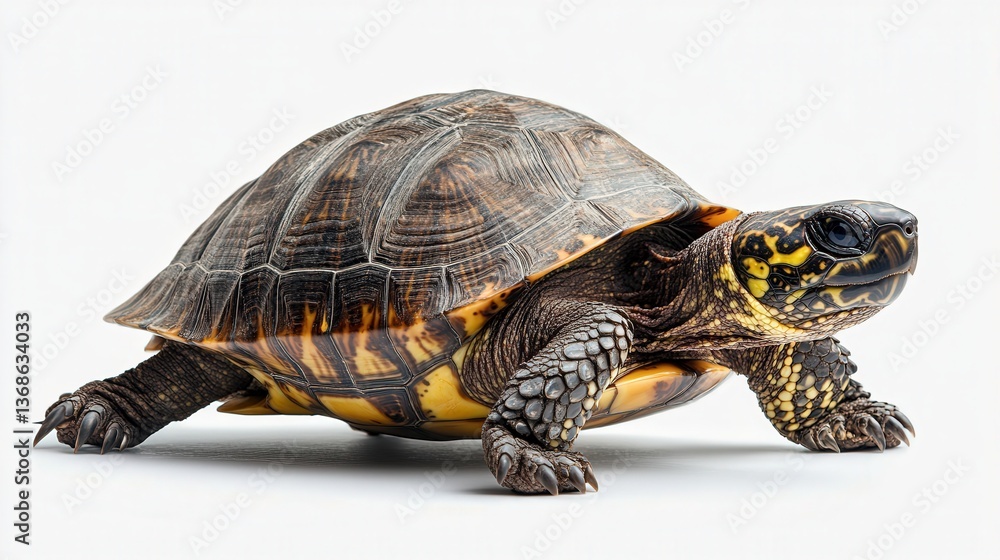 Obraz premium Close-up of an ornate box turtle on a light background, showcasing intricate shell patterns and vivid coloring.