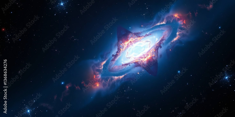vast and colorful cosmic scene. The layout is a wide panoramic view of outer space, showcasing a vibrant nebula with a bright, glowing center. The nebula is predominantly blue, with hints of orange vast and colorful cosmic scene. The layout is a wide panoramic view of outer space, showcasing a vibrant nebula with a bright, glowing center. The nebula is predominantly blue, with hints of orange