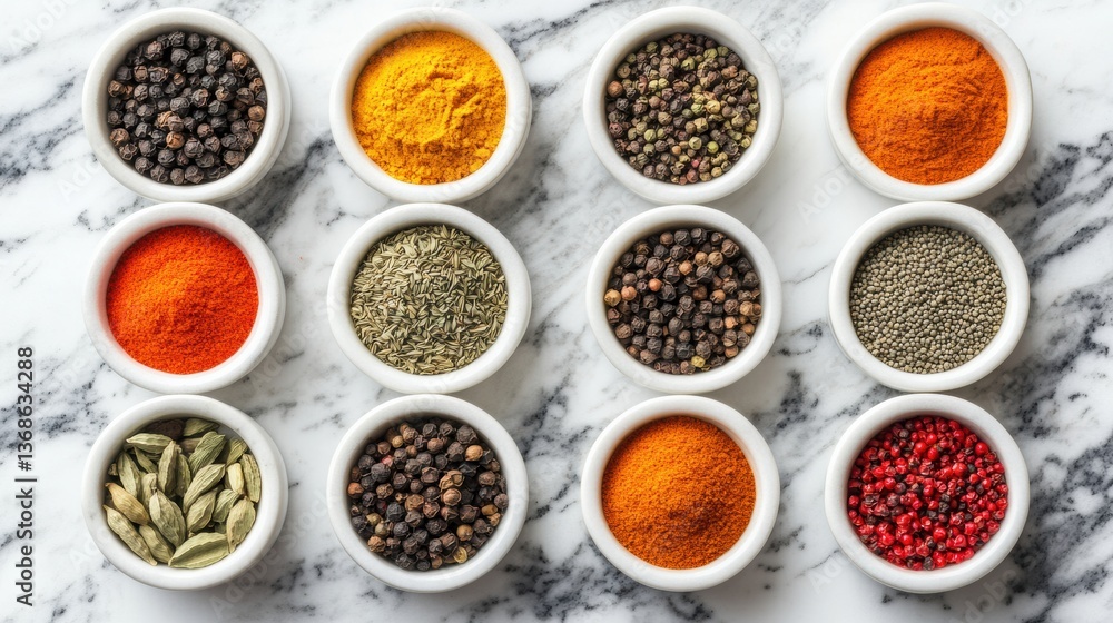 Colorful spices displayed in marble bowls create a vibrant kitchen atmosphere for culinary creativity Generative AI Colorful spices displayed in marble bowls create a vibrant kitchen atmosphere for culinary creativity Generative AI