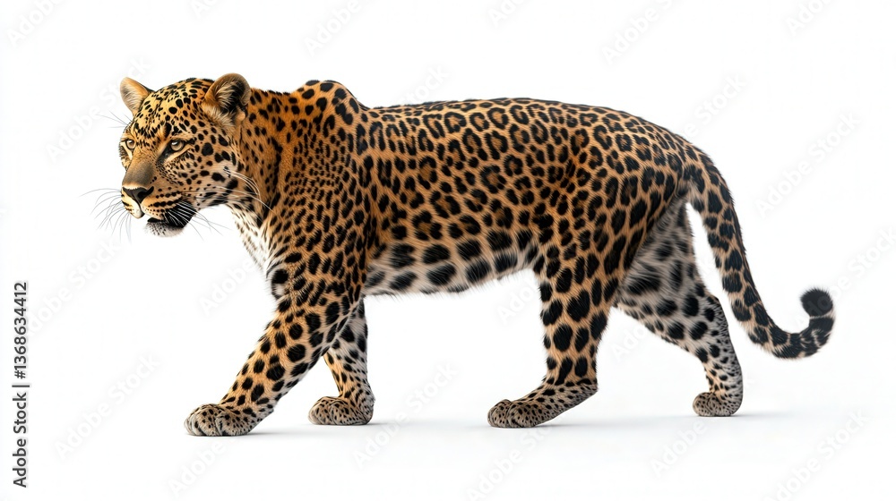 Fototapeta premium Elegant leopard with spotted coat walking gracefully on a white background.