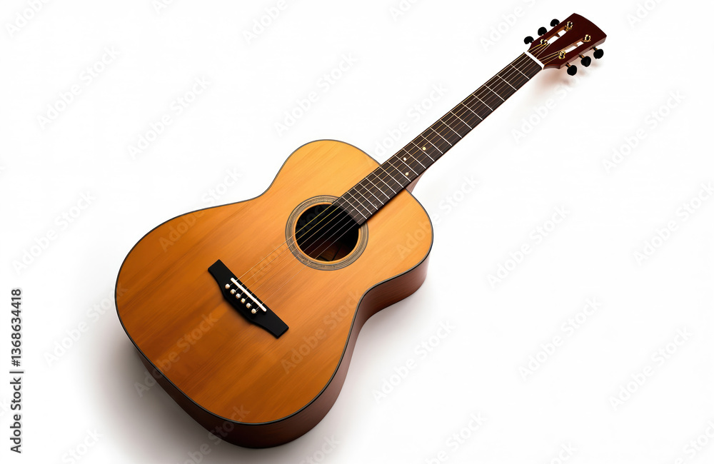 Obraz premium Acoustic guitar isolated white background. Natural wood finish, classic design. Instrument for musicians, music lovers, guitar enthusiasts. Perfect for music lessons, performances, studio recordings.