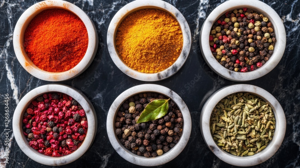 Colorful spices in marble bowls create a stunning top down view of culinary delights for food lovers and chefs alike Generative AI Colorful spices in marble bowls create a stunning top down view of culinary delights for food lovers and chefs alike Generative AI