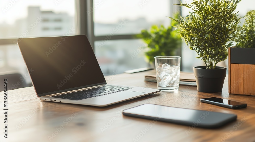 Modern workspace with laptop, smartphone, and indoor plants during a sunny morning Modern workspace with laptop, smartphone, and indoor plants during a sunny morning