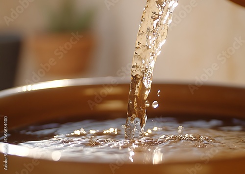 Water pouring into earthenware bowl.