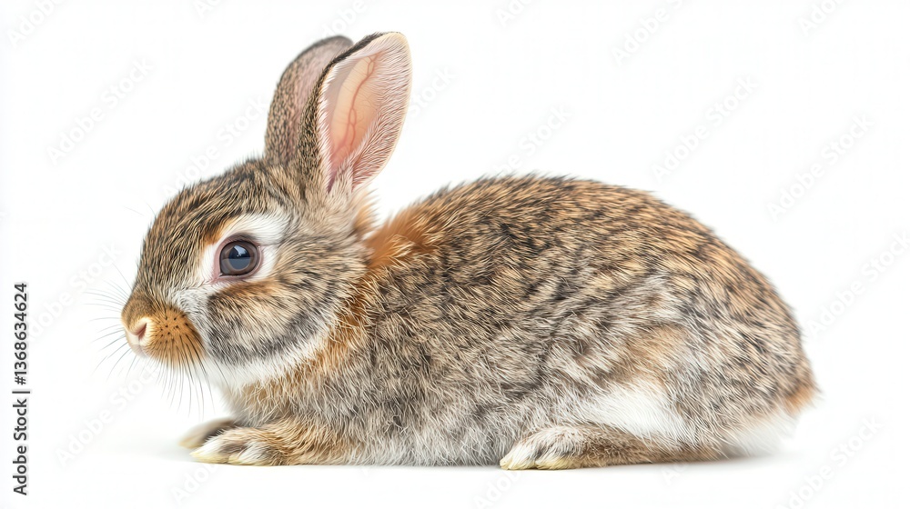 Fototapeta premium Adorable brown and white rabbit sitting against a white background, looking alert with its big eyes and fluffy fur.