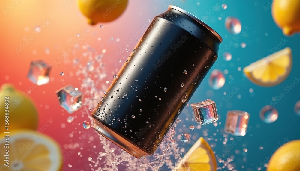 Black soda can mockup floating with ice cubes lemon slices in water splash. Refreshing cold beverage. Concept for product advertisement. Lemonade drink concept with ice and bubbles, freshness. Black soda can mockup floating with ice cubes lemon slices in water splash. Refreshing cold beverage. Concept for product advertisement. Lemonade drink concept with ice and bubbles, freshness.