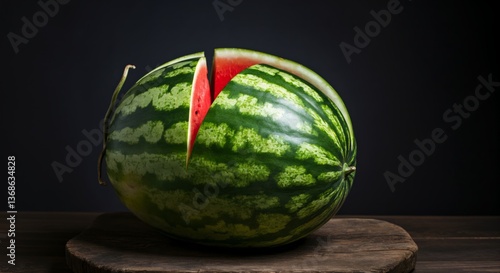Whole watermelon with slice removed on wooden surface against dark background