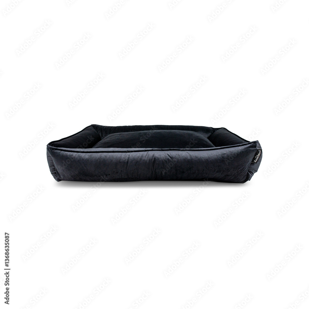 A soft and cozy pet bed with a multicolored patchwork design, featuring a green interior cushion, is shown isolated on a transparent background in png format A soft and cozy pet bed with a multicolored patchwork design, featuring a green interior cushion, is shown isolated on a transparent background in png format