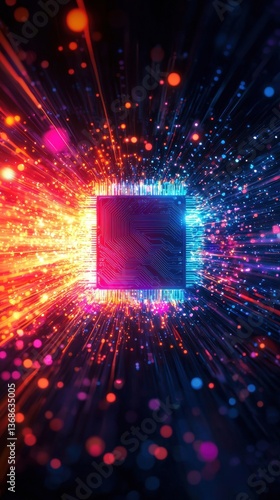 Glowing ai processor chip radiating light trails on black background