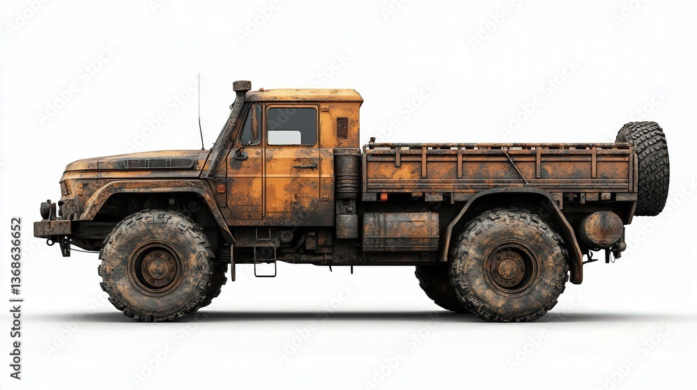 Rugged, old rusty military-style truck on a white background, showcasing its heavy-duty design. Rugged, old rusty military-style truck on a white background, showcasing its heavy-duty design.