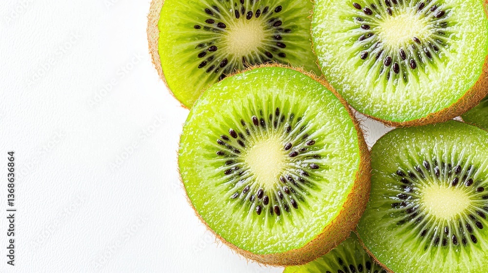 Fresh kiwi fruit slices displayed on clean white background in spring Fresh kiwi fruit slices displayed on clean white background in spring