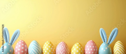 Easter banner displaying pastel polka dot eggs on sunny yellow background