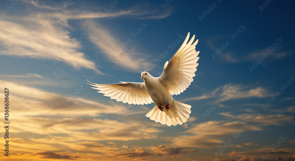 Dove flying in the sky with open wings a peaceful bird soaring against a backdrop of blue and golden clouds a symbol of freedom and serenity Dove flying in the sky with open wings a peaceful bird soaring against a backdrop of blue and golden clouds a symbol of freedom and serenity