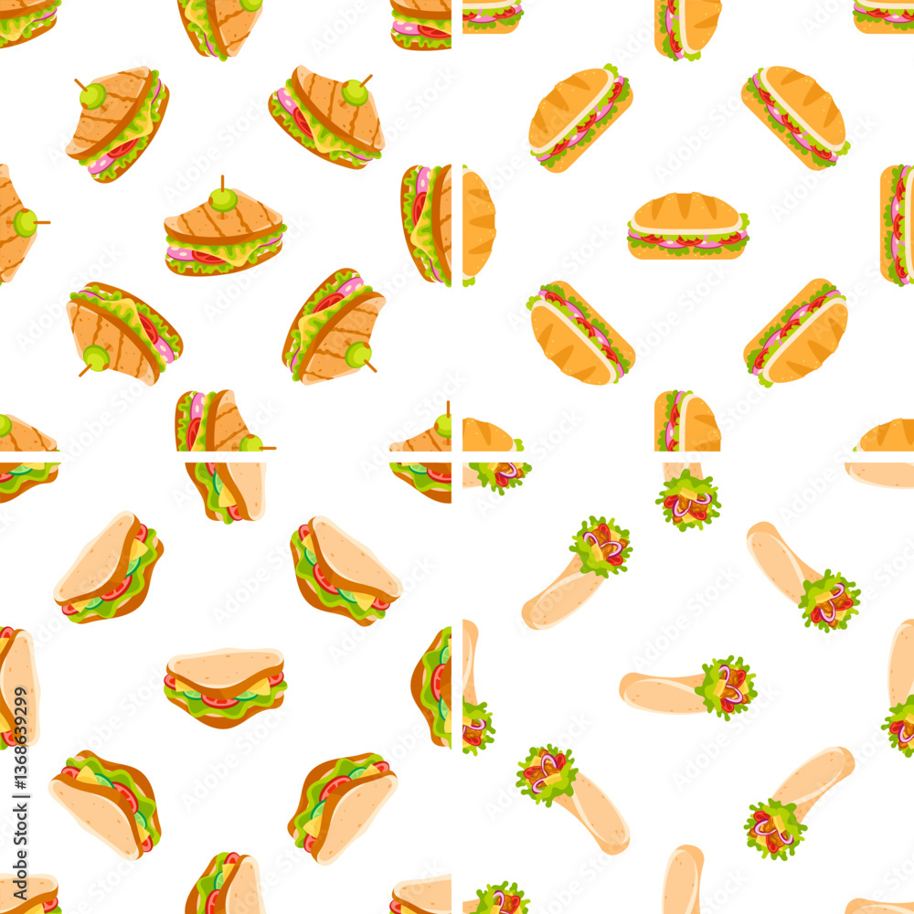 Seamless pattern with sandwiches and wraps showing various fillings including tomatoes, lettuce, cheese, and olives Seamless pattern with sandwiches and wraps showing various fillings including tomatoes, lettuce, cheese, and olives