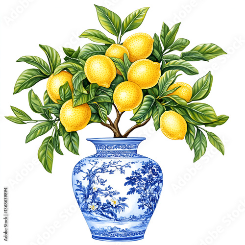 beautiful illustration of a lemon tree, with vivid yellow lemons on, in a blue chinoiserie toile blue and white vase, detailed leaves ornate realistic textured elements, vintage style, pretty, isolate