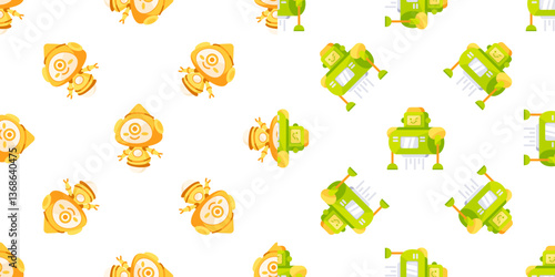 Friendly robots and droids repeating pattern on white background