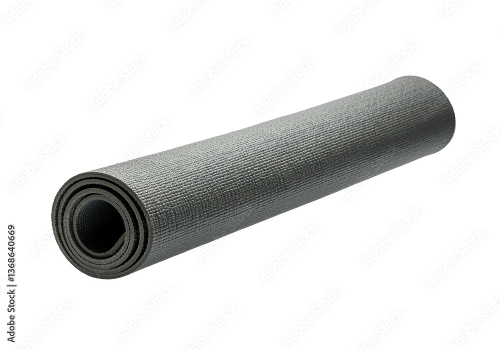 A yoga mat partially rolled, floating in mid-air, on a solid white background A yoga mat partially rolled, floating in mid-air, on a solid white background