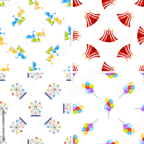 Seamless pattern with colorful amusement park attractions featuring bumper cars, ferris wheel, circus tent and balloons