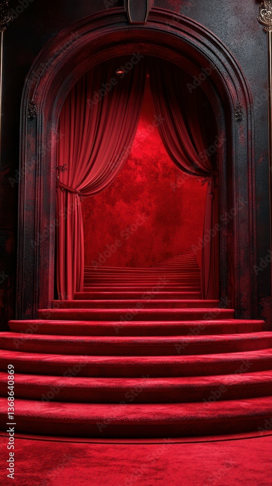 Fototapeta premium Dramatic red stairway leads to an elegant velvet-draped entrance in a theatrical setting