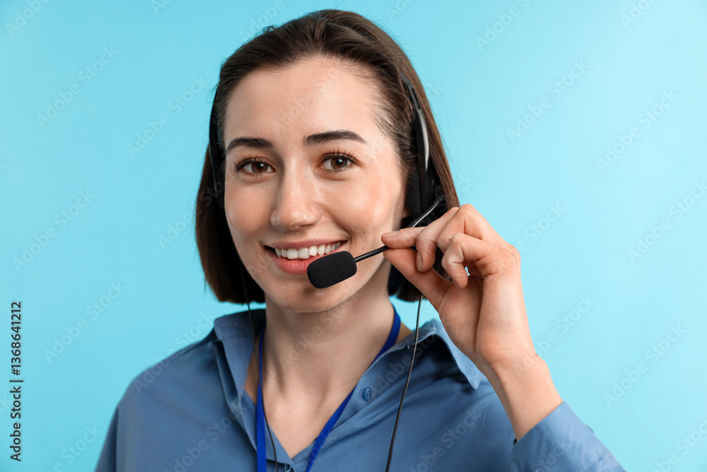 Technical support call center. Portrait of smiling operator on light blue background