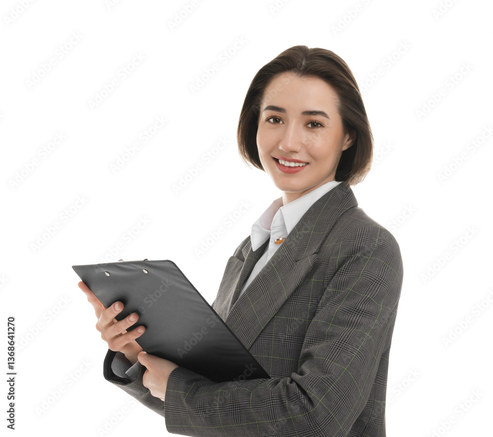 Portrait of young secretary with clipboard on white background Portrait of young secretary with clipboard on white background