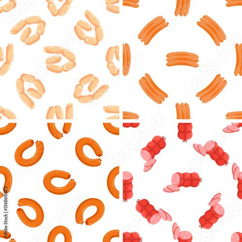 Seamless patterns with different types of sausages forming various compositions