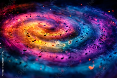 Music notes forming a spiral galaxy of vibrant colors, symbolizing the infinite connection between sound and the cosmos