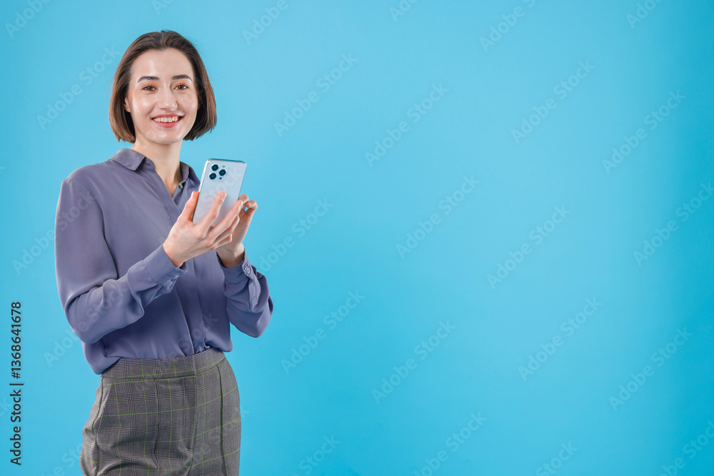 Young secretary using smartphone on light blue background. Space for text Young secretary using smartphone on light blue background. Space for text