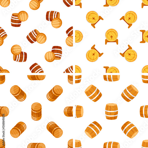 Seamless pattern with wooden barrels lying, standing and cut in half, viewed from different angles