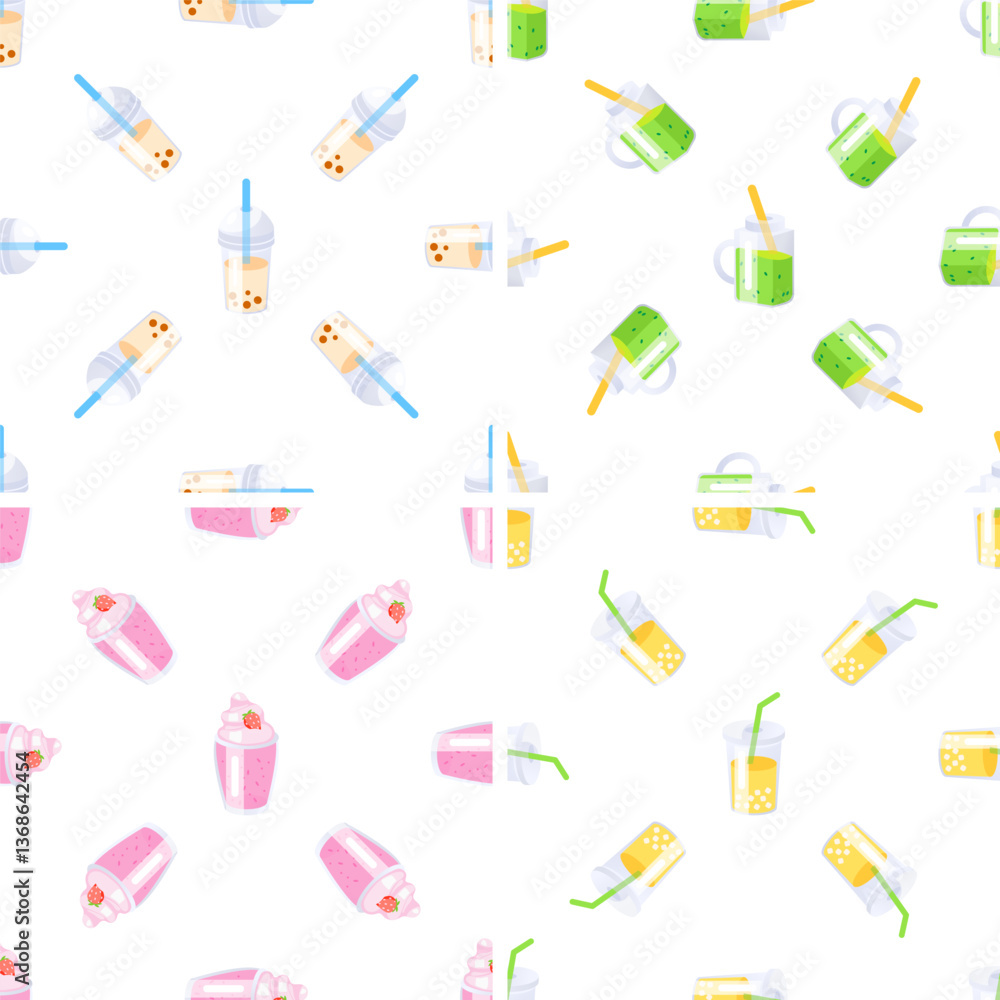 Colorful seamless pattern of bubble tea, smoothies, and juices enjoying a refreshing beverage Colorful seamless pattern of bubble tea, smoothies, and juices enjoying a refreshing beverage