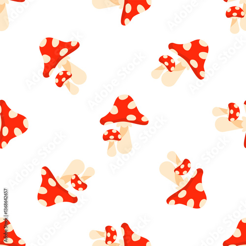 Red mushrooms with white dots growing on white background seamless pattern