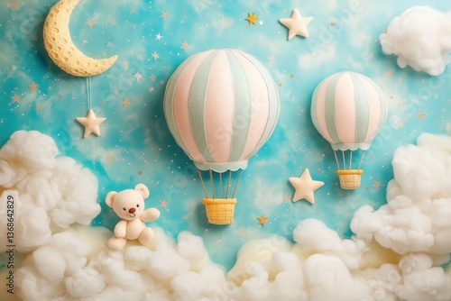 Pastel newborn photography backdrop with hot air balloons and stars