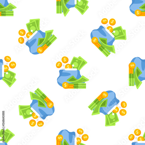 Blue Wallet Overflowing with Cash and Coins Seamless Pattern on White Background