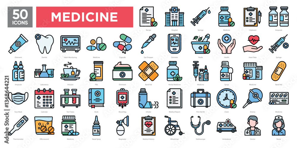 Fototapeta premium Medicine icon collection set, including healthcare, medical equipment, treatment, and pharmacy essentials. Perfect for medical infographics, hospital materials, and healthcare applications.