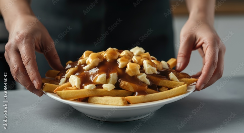 Close-up of hands holding plate poutine with gravy and cheese curds Close-up of hands holding plate poutine with gravy and cheese curds