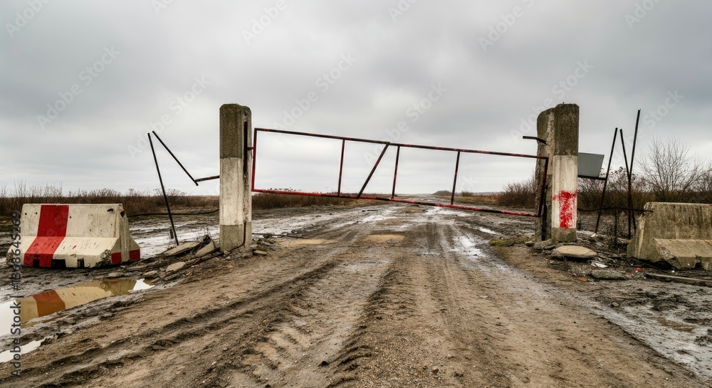 Obraz premium Broken rural gate on muddy road under grey skies