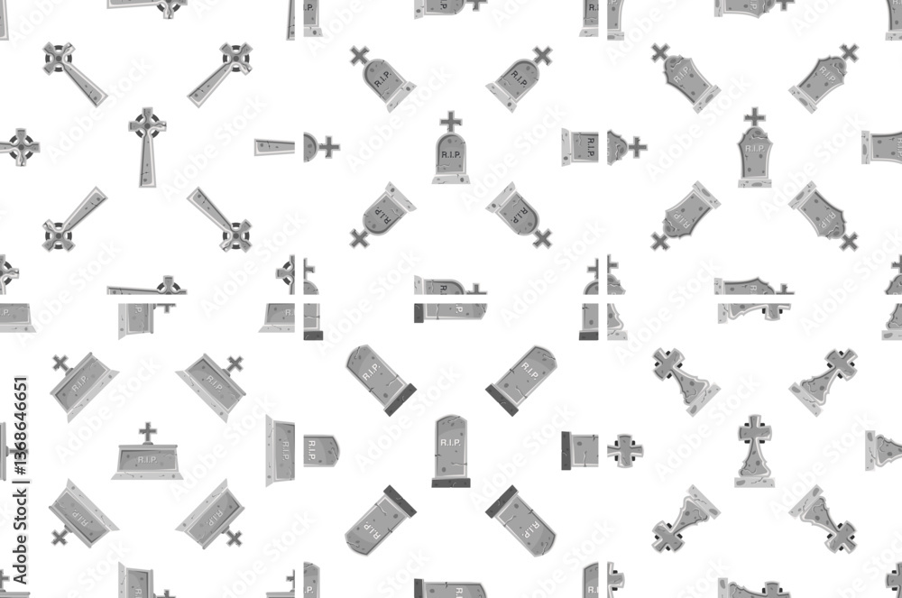 Seamless pattern of gravestones and crosses depicting various states of disrepair and dilapidation Seamless pattern of gravestones and crosses depicting various states of disrepair and dilapidation