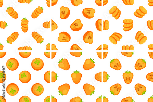 Persimmon fruit pattern showing whole, sliced and halved orange persimmons on white background