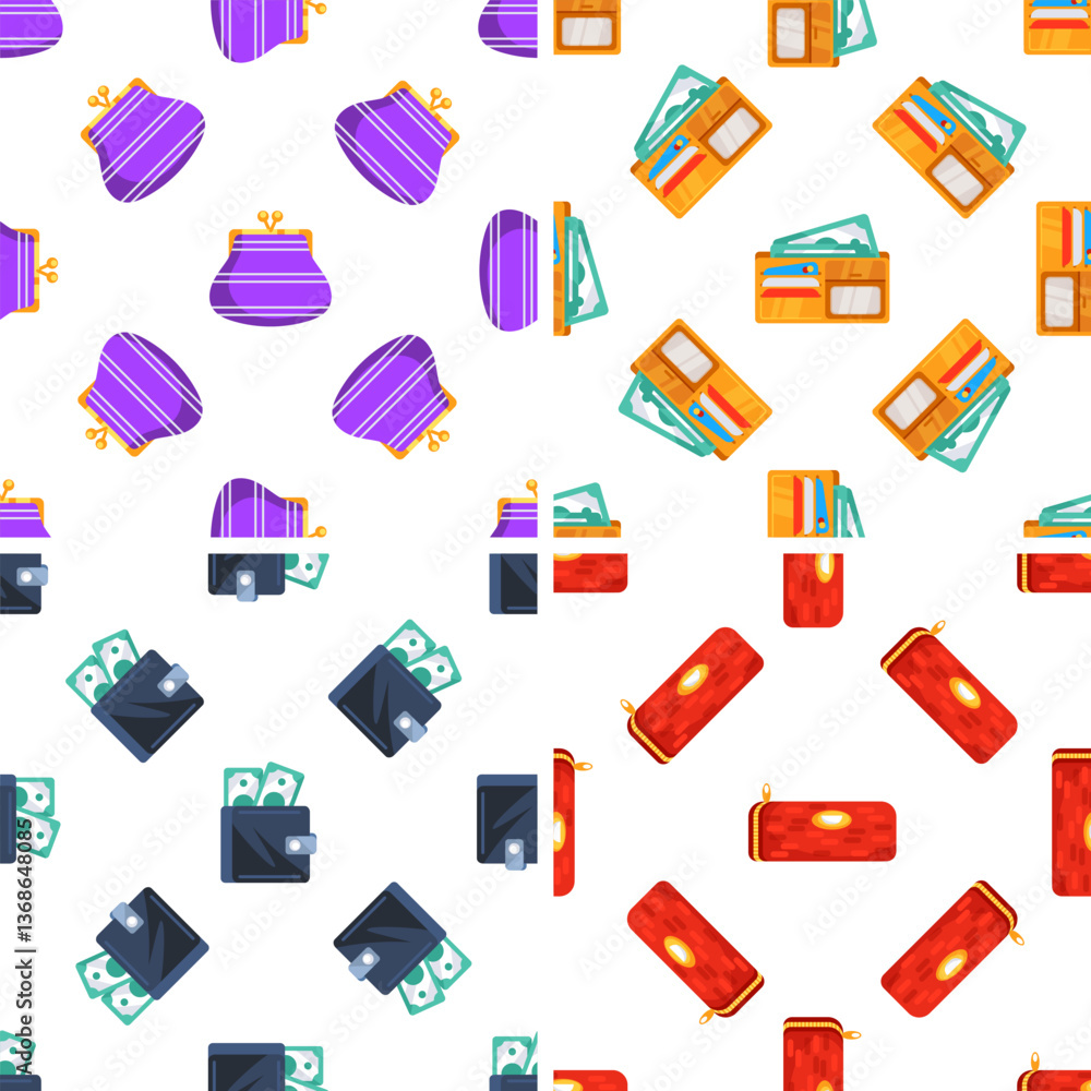 Seamless pattern with colorful wallets and purses containing money and credit cards Seamless pattern with colorful wallets and purses containing money and credit cards