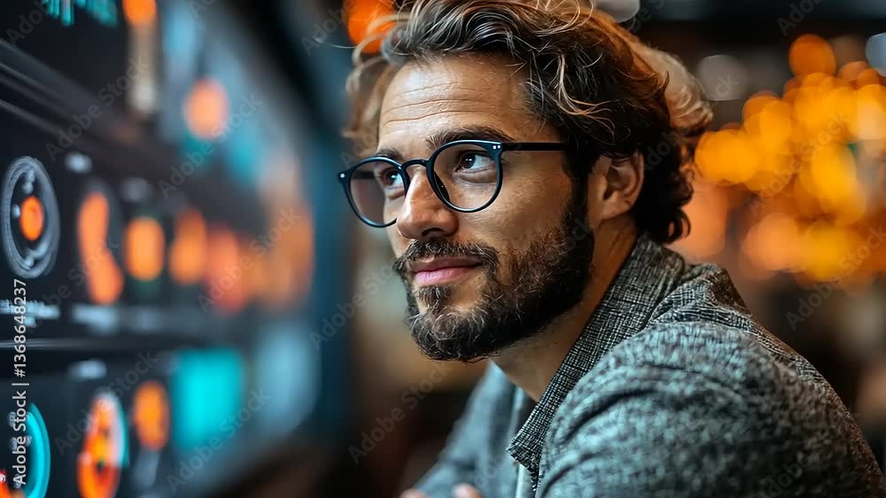Thoughtful man in glasses gazing at digital data displays in a modern café setting Thoughtful man in glasses gazing at digital data displays in a modern café setting