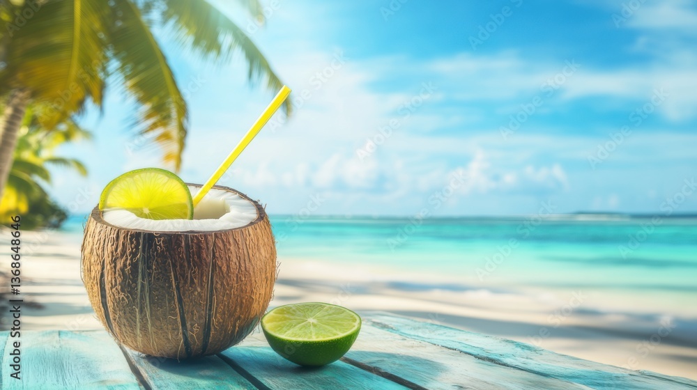 Obraz premium Coconut drink with lime on a tropical beach under a bright blue sky during a sunny day