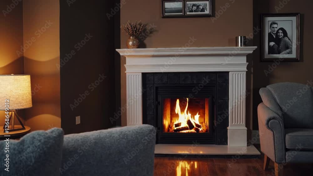 Cozy evening by the fireplace: glowing flames and ambient light in a relaxed living room setting Cozy evening by the fireplace: glowing flames and ambient light in a relaxed living room setting