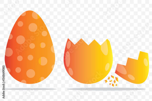 Whole Chicken egg in shell and Cracked eggshell in beige on transparent background. Set of 2 coloring elements. EPS 10.