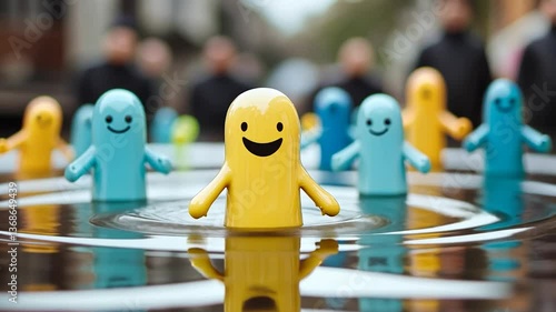 Colorful plastic figures with smiling faces stand in water, surrounded by blurred figures in background